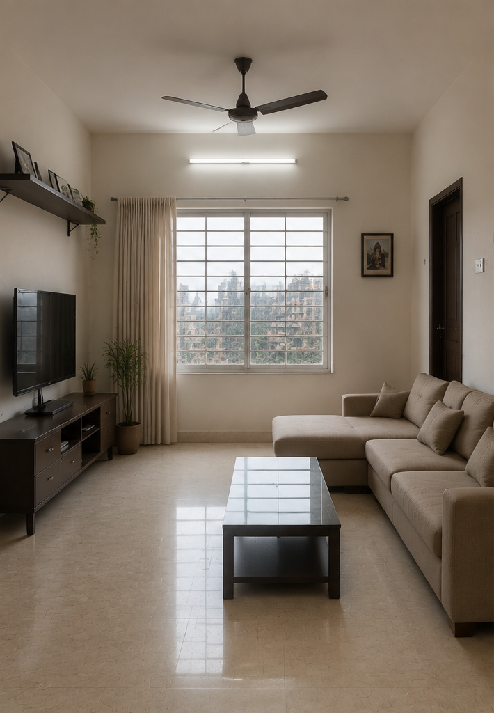 A standard Bengaluru flat: tube light, unshaded window onto a construction site, glossy floor