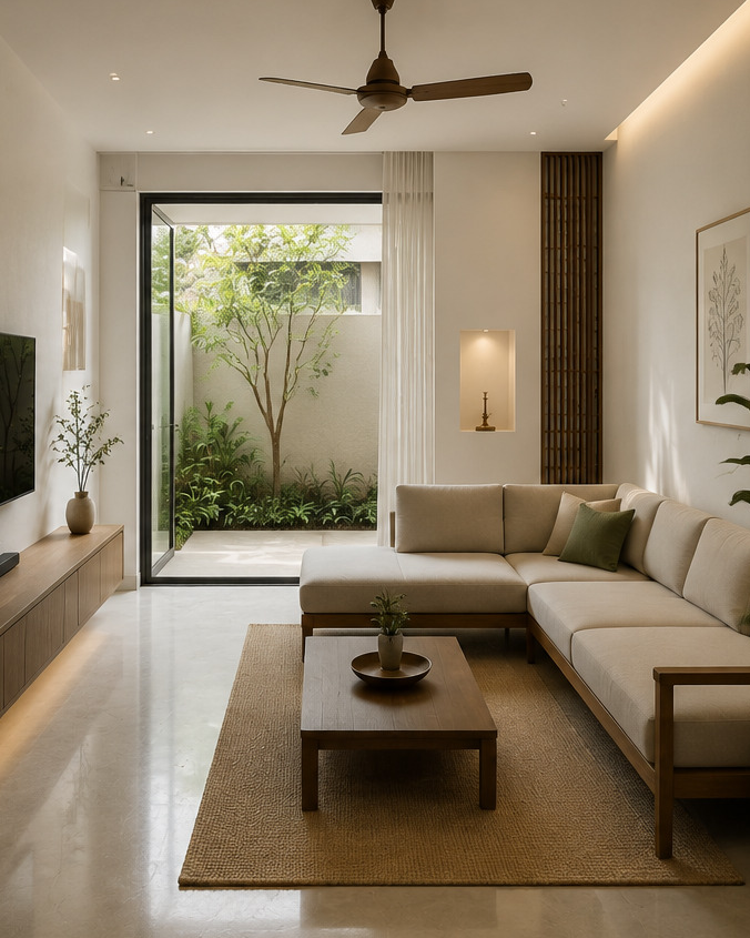 A Bengaluru living room planned for the city: shaded glazing, warm layered light, wipe-clean surfaces