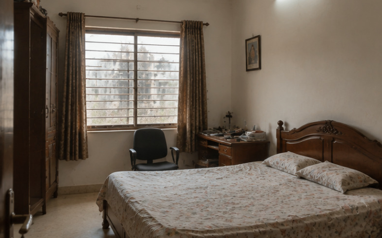 An unplanned bedroom: single tube light, unshaded window, furniture bought to fill space