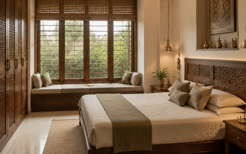 A compact bedroom with full-height wardrobes and a window seat with drawers below