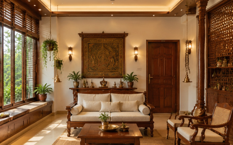 A living room arranged around a north-east corner with a traditional panel and shaded glazing